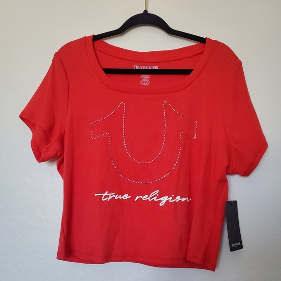 True Religion Red Scoop Neck Ribbed Short Sleeve Baby Tee Top Women's Size XXL - Picture 1 of 6